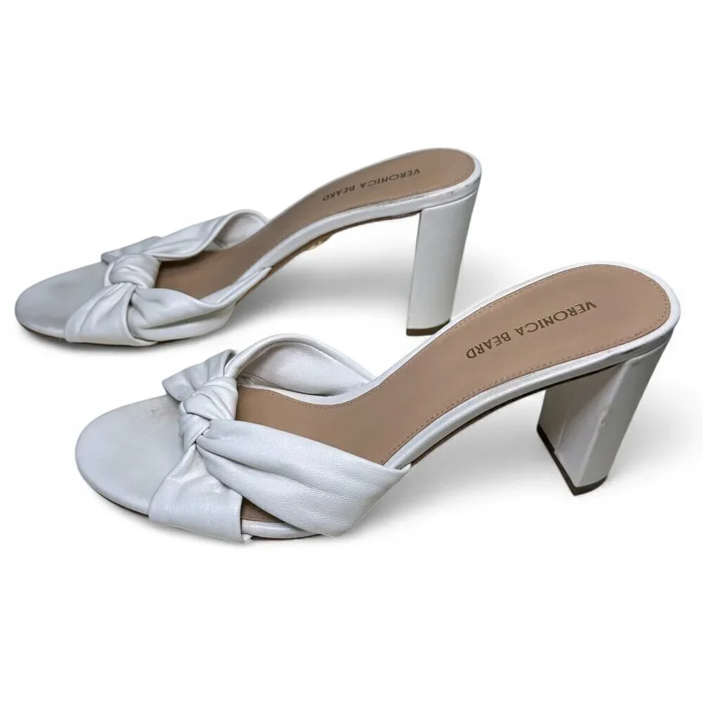 VERONICA BEARD Ganita Knotted Leather Slide Sandals, White/Cream